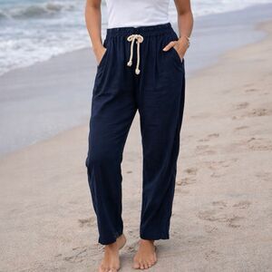 Roxy Navy Blue Linen Blend Drawstring Beach Pants Size S
